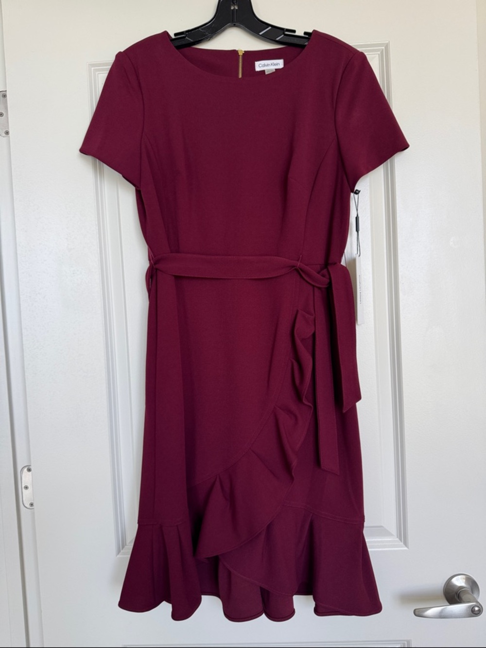 Calvin Klein Midi Dress in Burgundy with Ruffle Hem